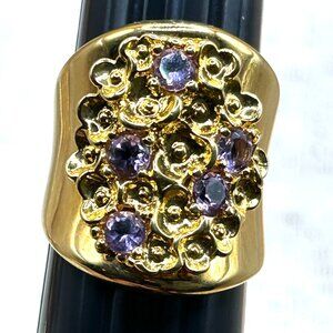 Large Signed Bronzallure Milano 18K Yellow Gold Plate Amethyst Wide Band Ring